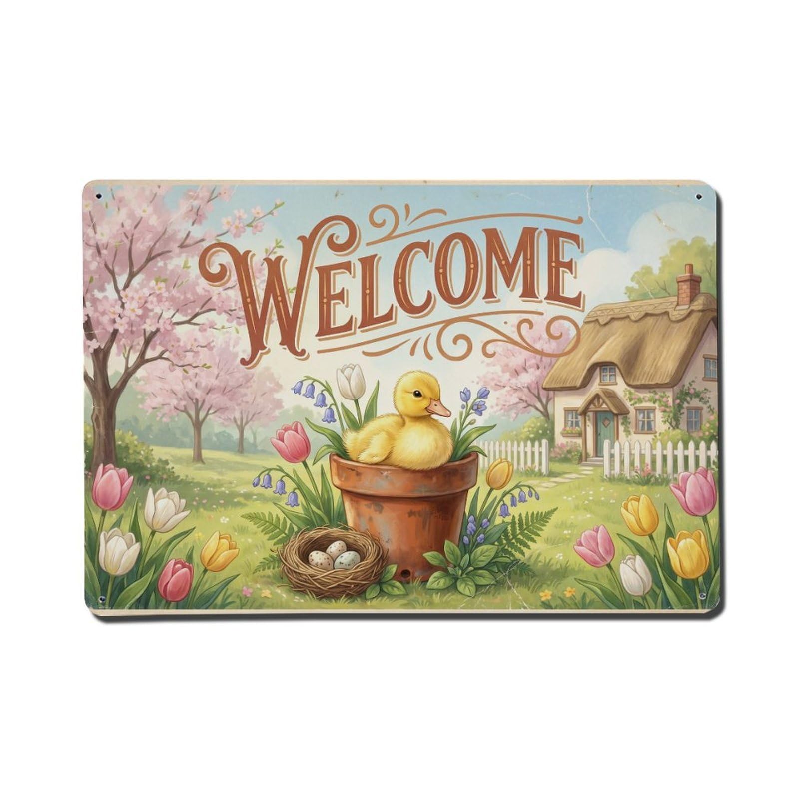 [Vintage Welcome] Duckling Flower Basket Metal Tin Sign