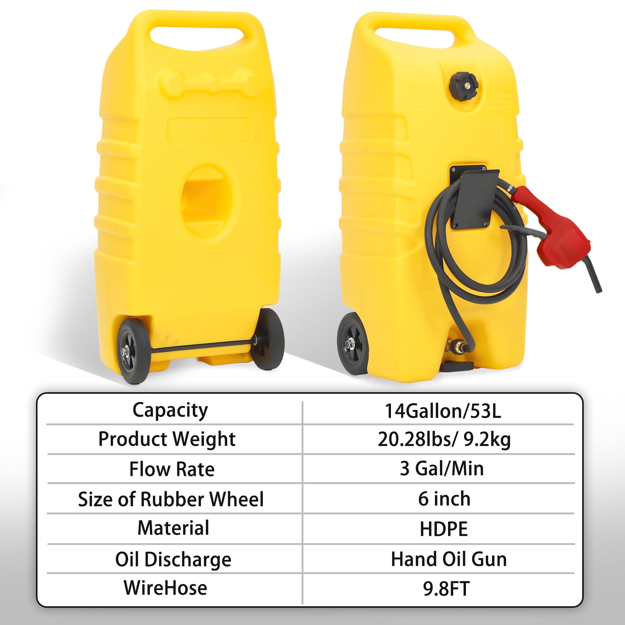 Garvee Caddie à carburant portable 53L – Réservoir essence/carburant robuste – Pompe manuelle, tuyau trois mètres et sangles – Idéal voiture, tondeuse, bateau, atelier – Modèle chariot jaune (nominal