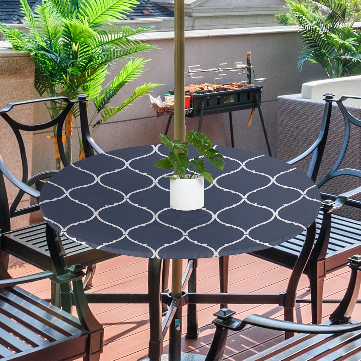 Blue White Moroccan Pattern Outdoor Tablecloth with Umbrella Hole, Round Elastic Fitted Table Cloth with Zipper, Waterproof Picnic Patio Table Covers Fits 45-56 in Tables