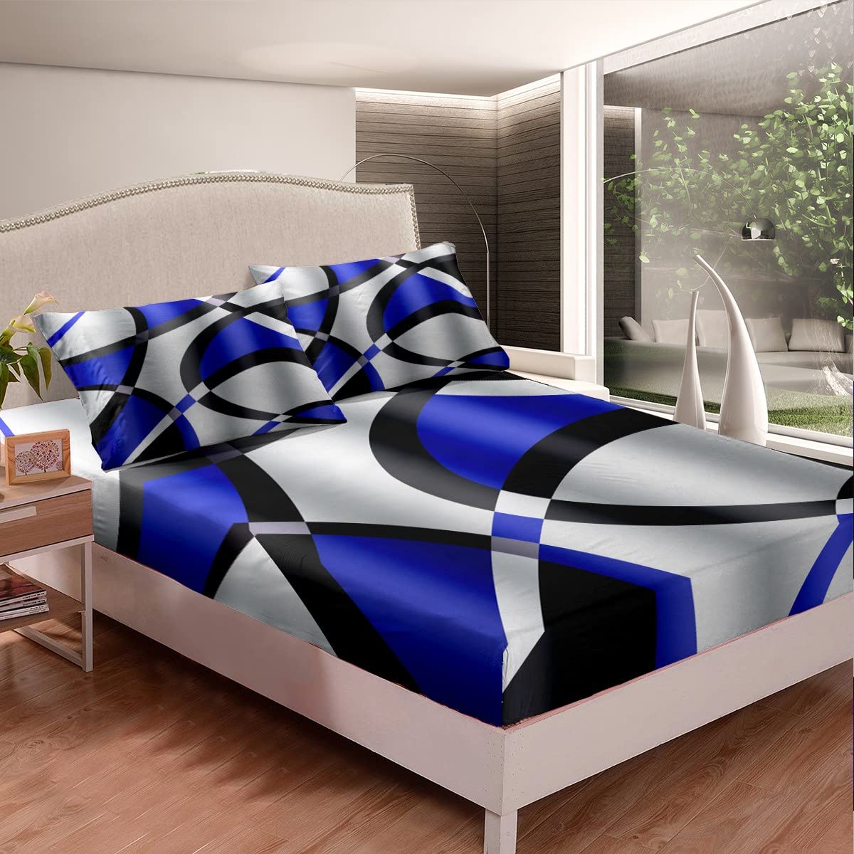 Juego de sábanas abstractas azules y blancas con bolsillo profundo, juego de sábanas geométricas circulares de remolino, juego de sábanas de rayas retro, juego de ropa de cama geométrico moderno, jue