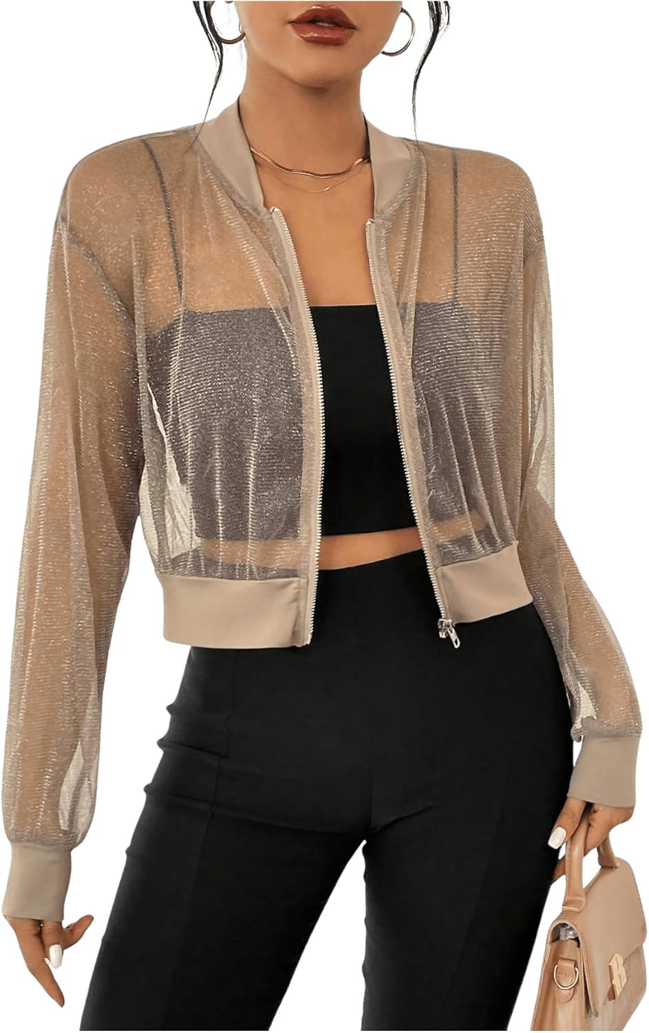Milumia Women's Sparkly Sheer Mesh Long Sleeve Crop Jacket Light Weigh Zip Up Outwear