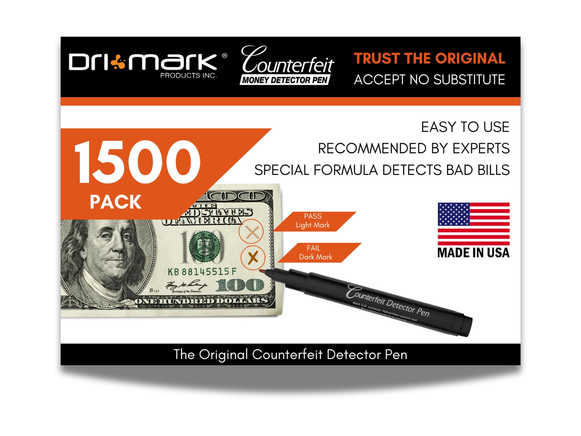Dri Mark 1500 Pack Counterfeit Bill Detector Marker Pen, Made in The USA, 3 Times More Ink, Pocket Size, Fake Money Checker - Money Loss Prevention Tester & Fraud Protection for U.S. Currency