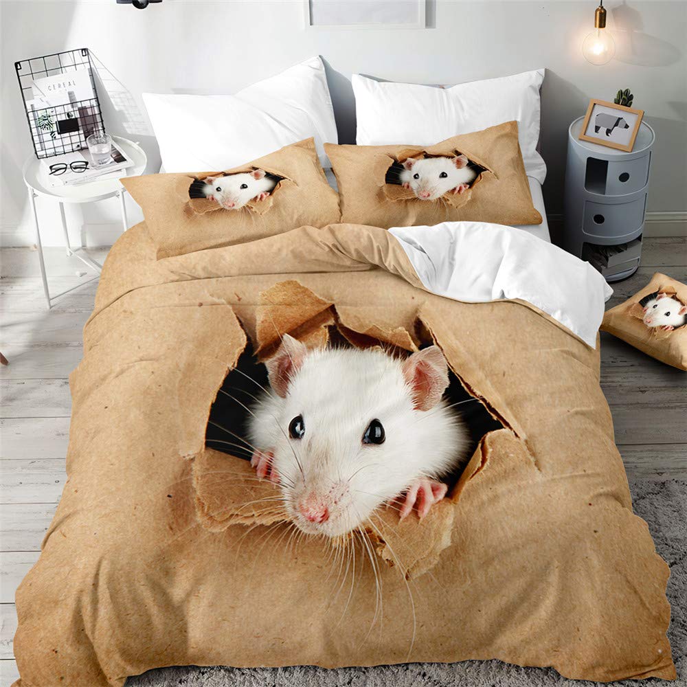 Treer White Rat Bedding Duvet Cover Set, 3D Complete Set 1 Duvet Cover 2 Pillow Cases Print Zip Easy Care Microfiber Soft & Smooth Pillowcases (,Double-200X200cm)