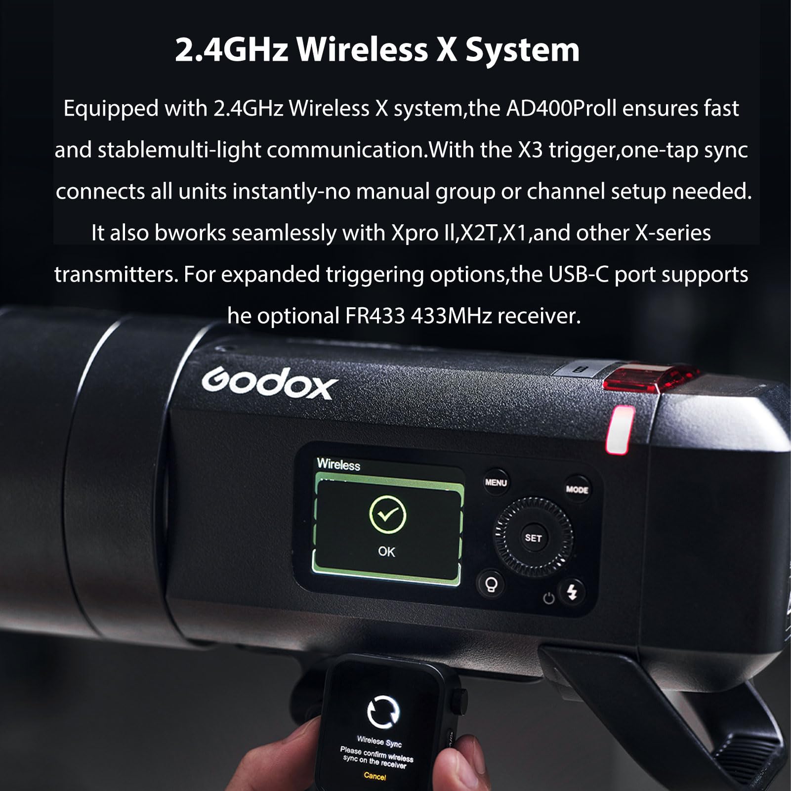 Godox AD400ProII - Testine flash, 400 W, TTL, Speedlite wireless, 1/8000s HSS, tempo di ricarica 0.01-1s con luce di regolazione Bi-Color Godox Mount e adattatore esterno Bowens Mount