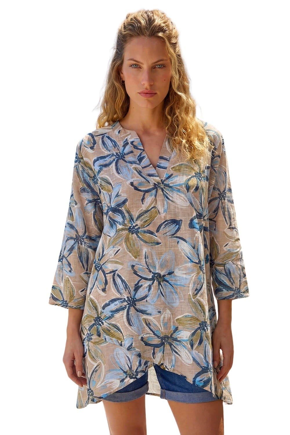 Roman Women's Beige Floral Wrap Hem Tunic Top In | Size: 12