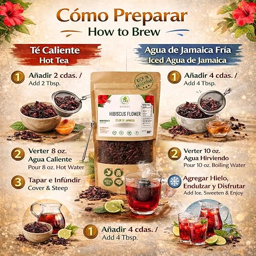 Miniatura 7 de Jamaica Flor - Té de hibisco de hojas sueltas 100% natural - 16 onzas (1 libra) - Pétalos de flores de hibisco secos - Sin cafeína - Rico