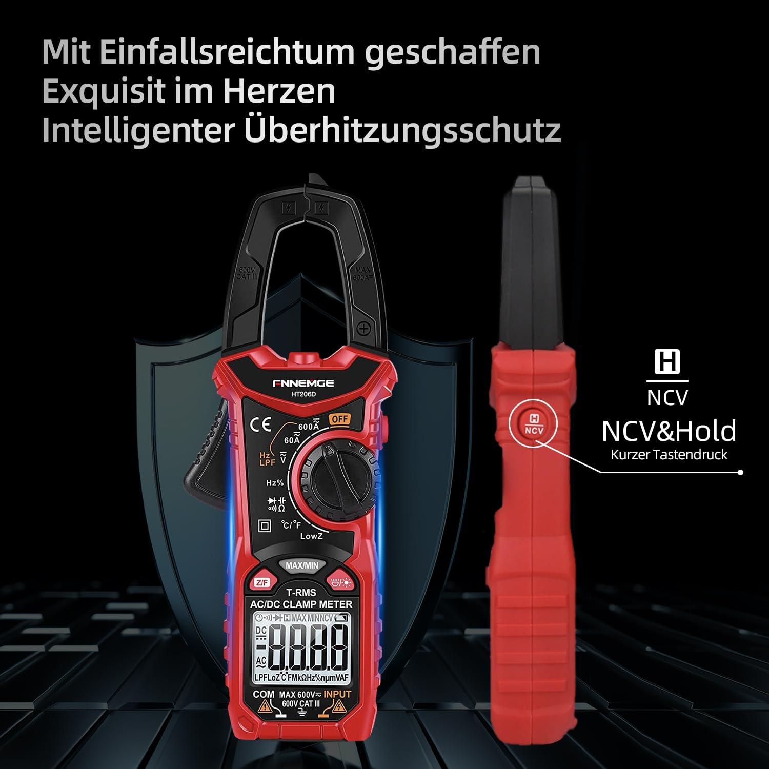 FNNEMGE HT206D Stromzange，Strommessgerät DC/AC Strom: 0-600A，Multimeter True-RMS 6000 Counts Auto-Ranging，misst Spannung Kapazität Durchgang (AC/DC-Strom)