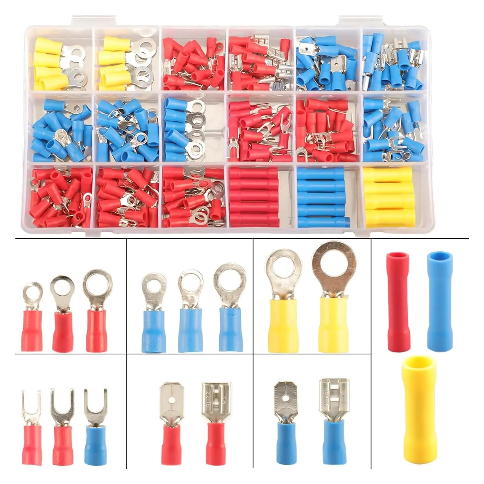 AARTERZZA 300pcs 18 Types Crimp Connectors, Ring Spade Fork Butt Wire Connectors Kit, 6.3mm Male and Female Spade Connector kit, Quick