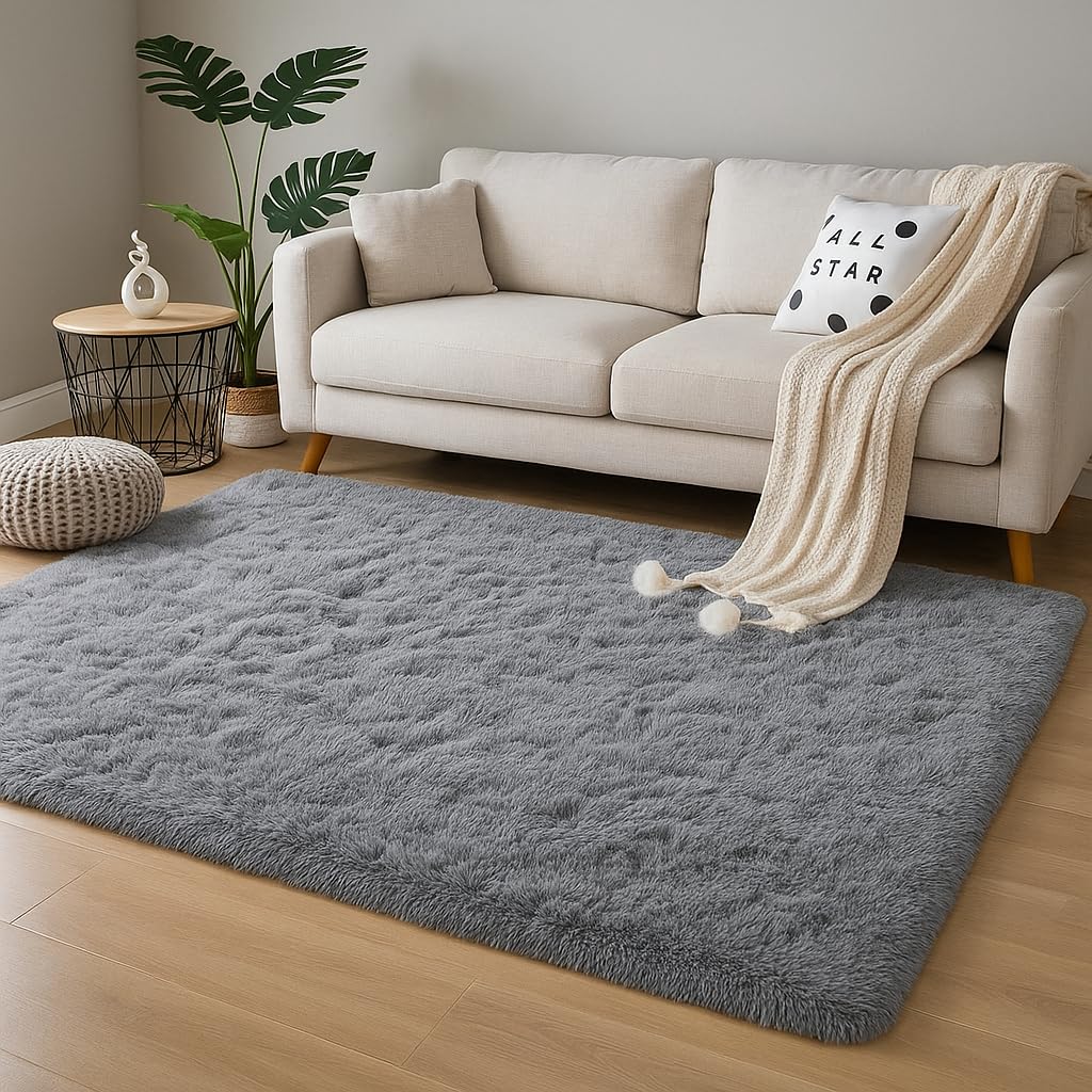 Fluffy Shaggy Rugs Living Room, Large Anti Slip Carpet - Grey Area Rugs for Bedroom Modern Ultra Soft Runner Rug Thick Pile Carpet for Nursery, Office, Lounge Home Decor (Grey, 80 x 150 cm)