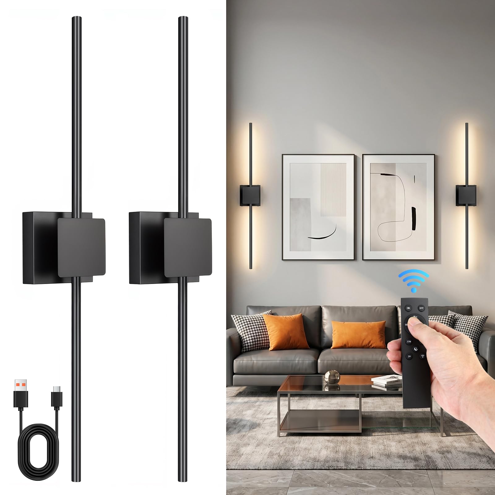 ERWEY Lot de 2 Applique Murale Intérieure, Lampe Murale Sans Fil Noir, Lampe Murale Chambre avec Télécommande, 3 Températures de Couleur & Dimmable, pour Chambre, Salon