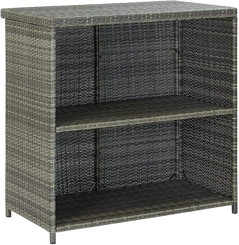 Miniatura 5 de Juego de barra de 3 piezas con estantes, marco de acero de ratán PE para interiores y exteriores, juego de mesa y taburetes grises para espacios