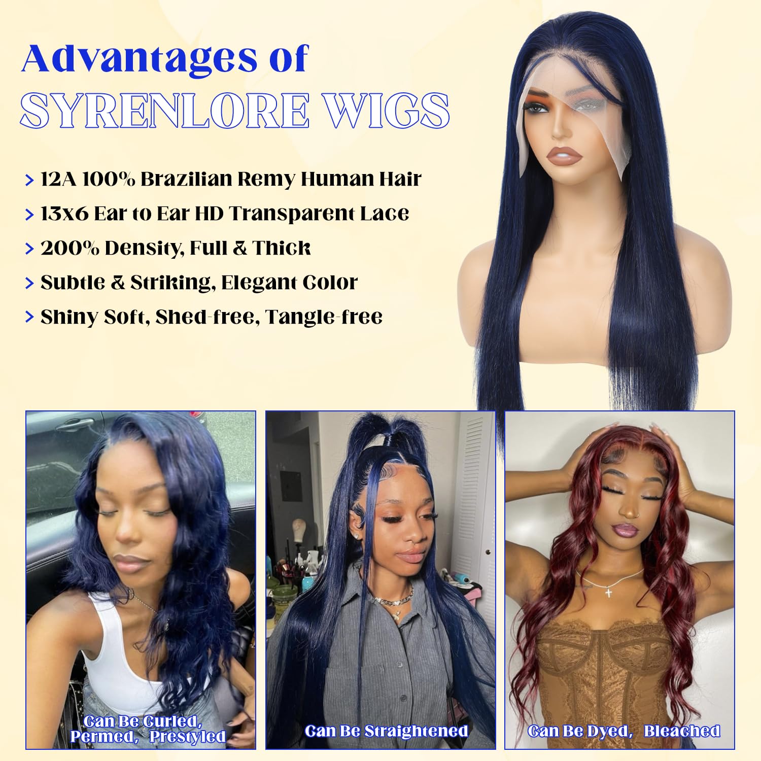 Dark Blue Wig 13x6 Straight Lace Front Wig Human Hair 20 Inch Long 200 Density Pre Plucked Bleached Knots Full Frontal Lace Wigs Human Hair 13x6 Free Part Colored Frontal Wigs for Women