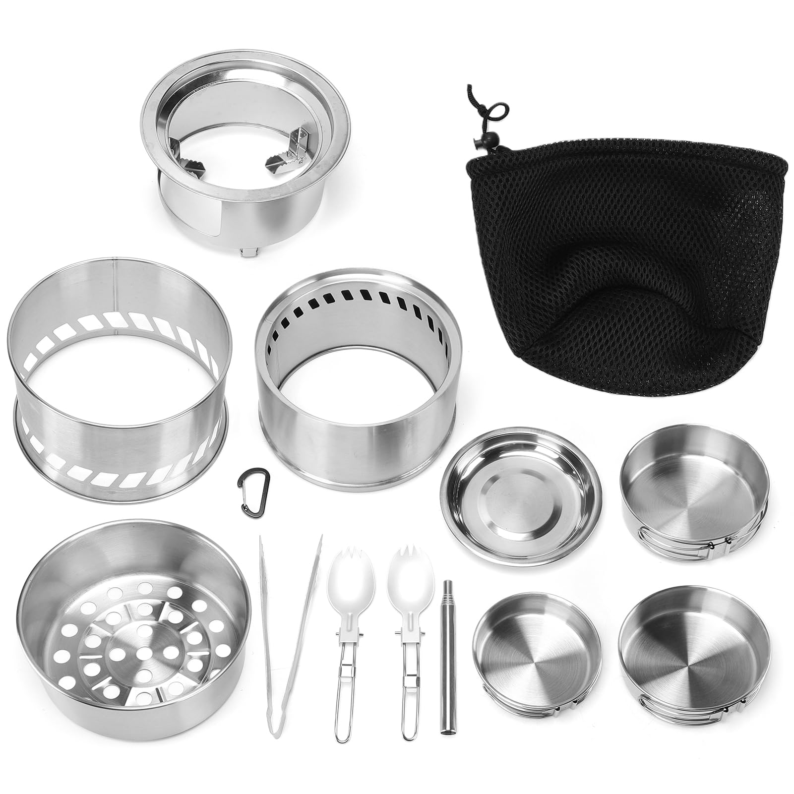 Kit de Utensilios Cocina Camping 11 piezas acero inoxidable 304 con hornillo de leña portátil cocina outdoor con olla sartén platos cubiertos senderismo mochila (Juego horno grande)