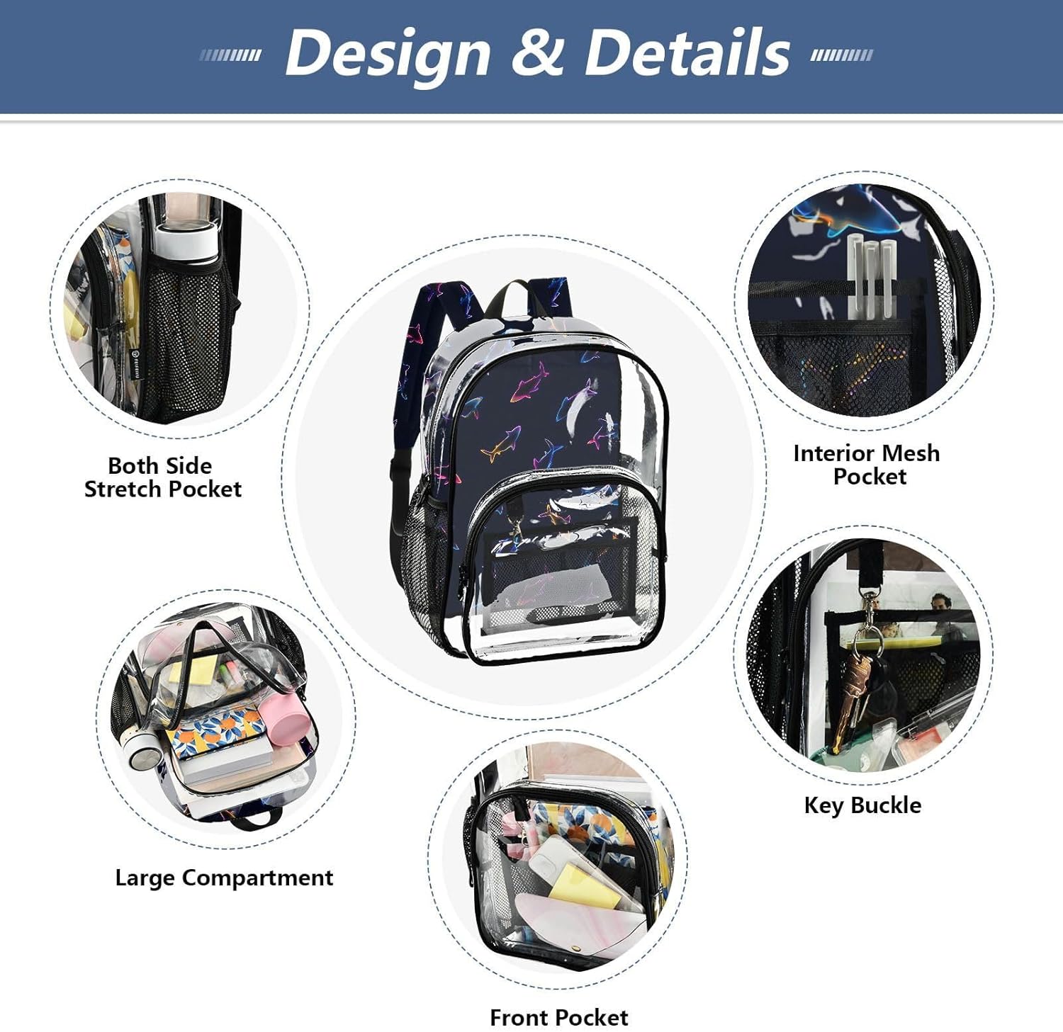 Line Shark Neon Clear Backpack Heavy Duty See Through Transparent PVC BookBag for Kids Boy Girl Adult School Work