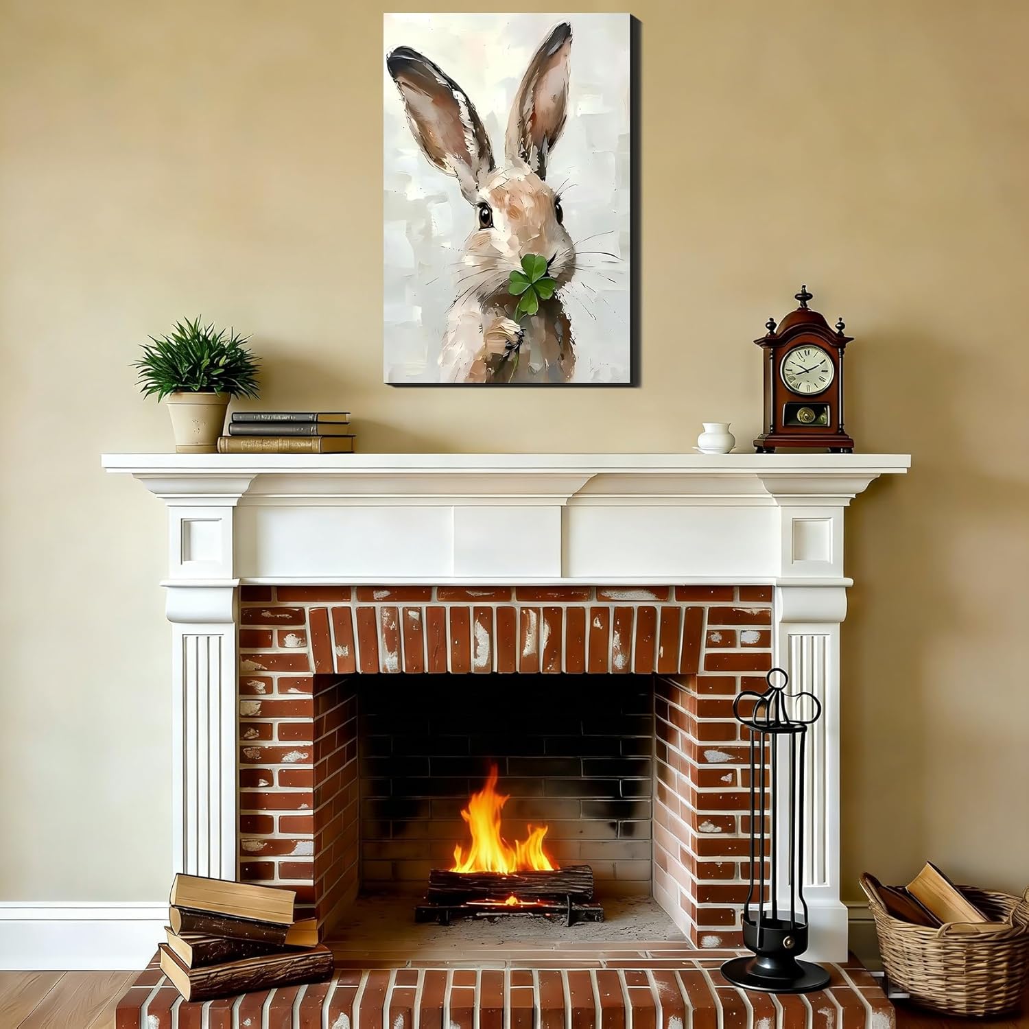Large Modern Easter Bunny Shamrock Painting Canvas Prints 24x36, Easter Rabbit Portrait Pictures Framed Canvas Wall Art, Warm Spring Artwork Wall Decor for Bathroom