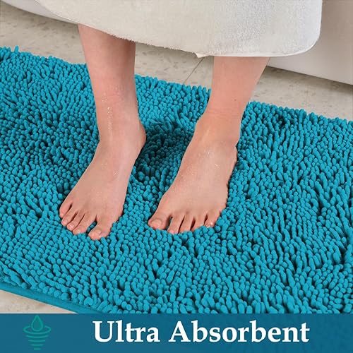 Miniatura 6 de Juego de alfombras de baño azul turquesa de 2 piezas, juego de alfombras de baño lavables, alfombras de baño gruesas y suaves de chenilla, alfombra