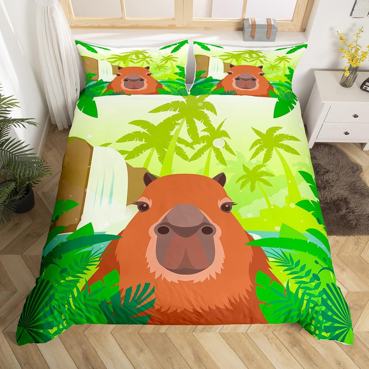 Kids Capybara Comforter Cover Double Size,Brown Capybaras Bedding Set Cute Room Decor for Teens Girls,Funny Rodent Animals Duvet Cover Black Microfibre Soft Bedspread Cover,Gifts for Capybara Lovers โ image 1