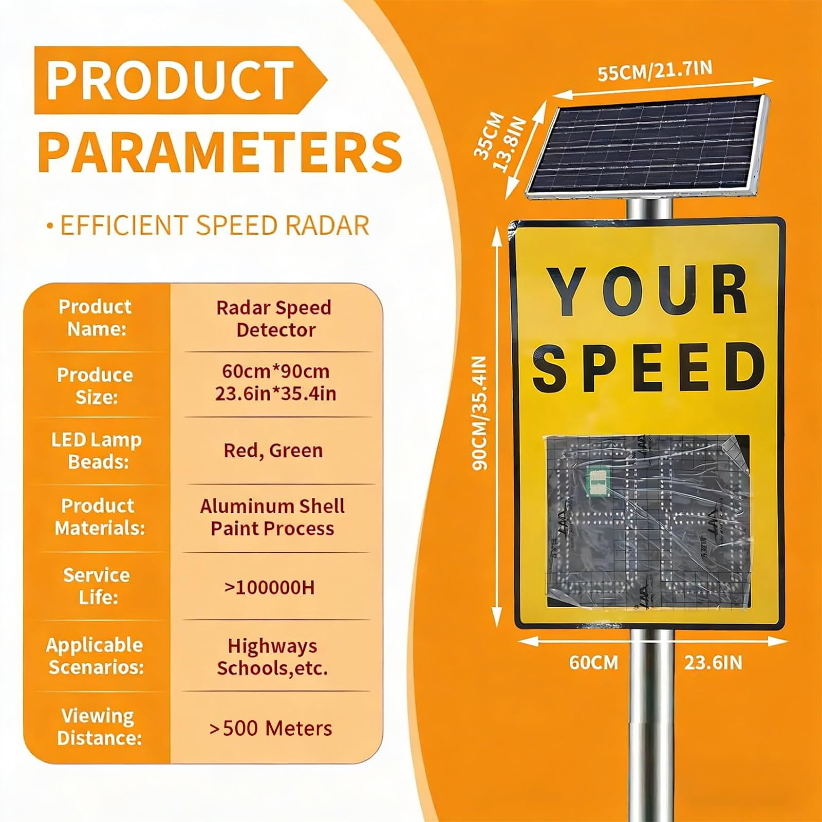 Señal de límite de Velocidad con Radar Solar Yellow | panel de advertencia, pantalla de velocidad de 2 dígitos
