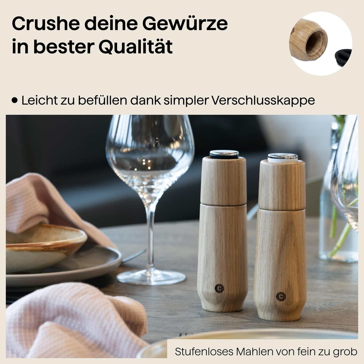 Crushgrind Champagne Gewürzmühle Set aus Eiche mit Keramikmahlwerk | 2x Salz und Pfeffermühle mit verstellbaren Mahlgrad | Set Kräutermühle aus hochwertigen, nachhaltigen Materialien | Eiche 170 mm