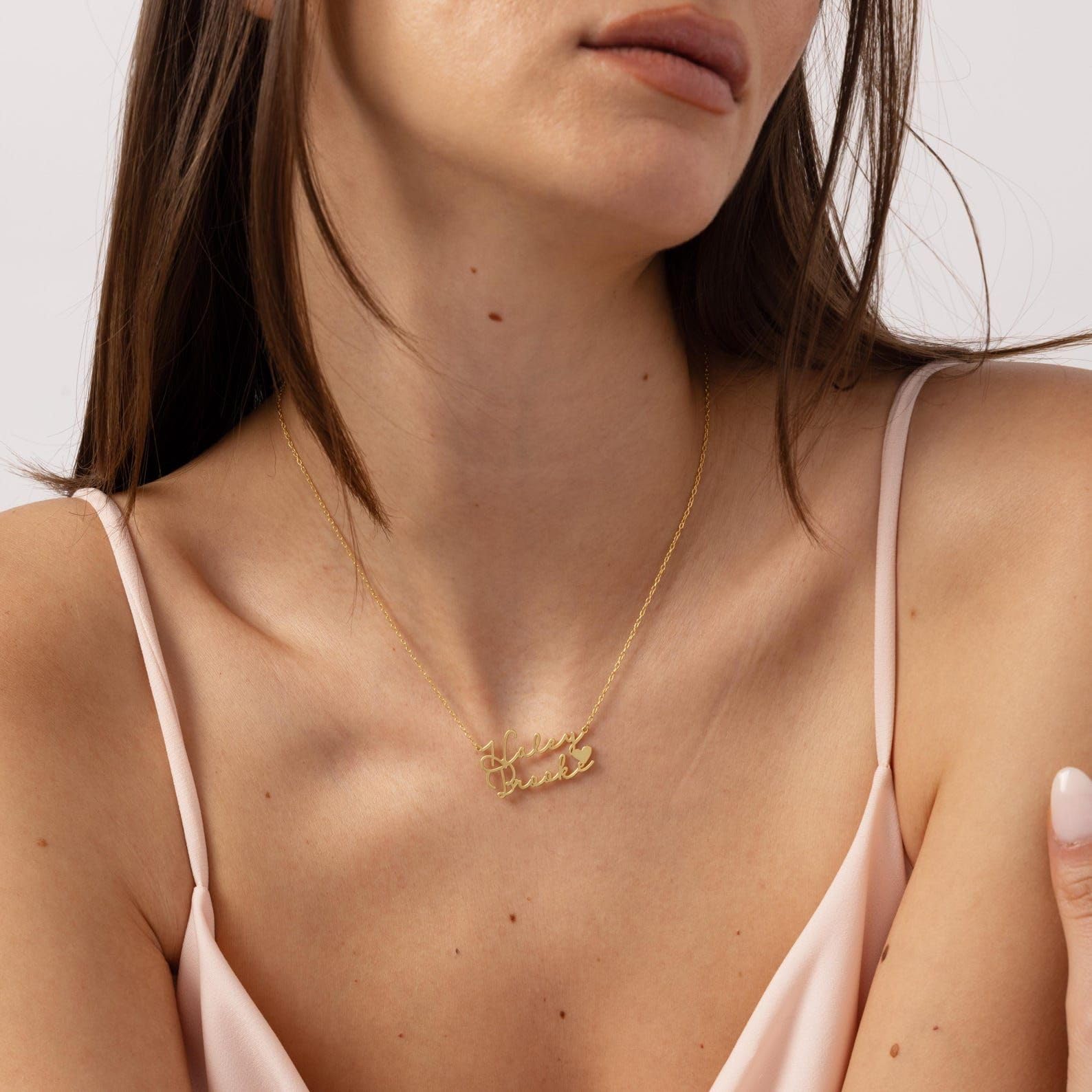 Argento due collana con nome con cuore, bambini personalizzato oro doppio Natale