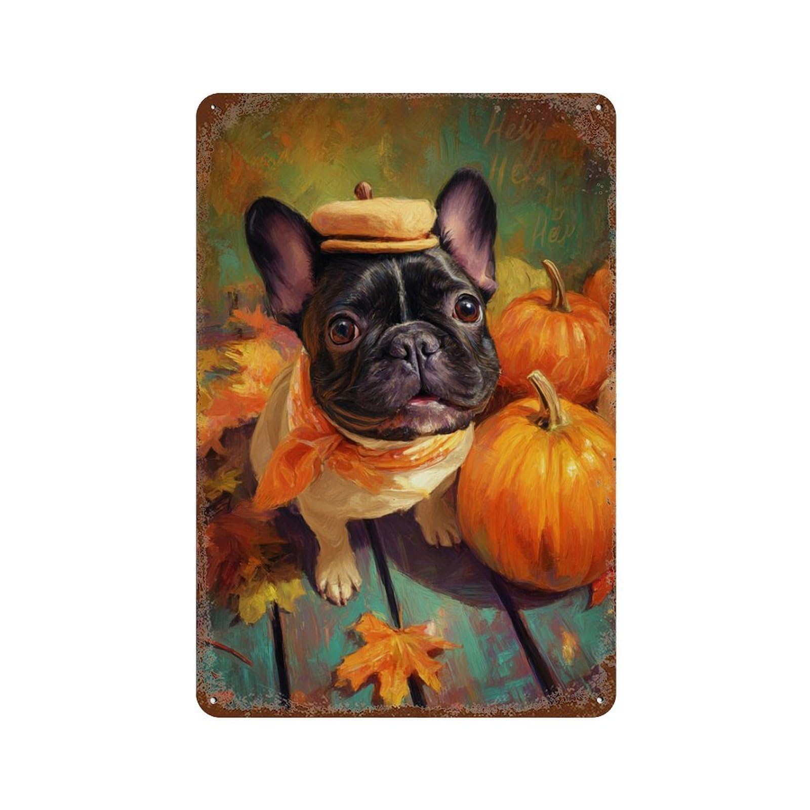 Fall Pumpkin French Bulldog Aged Metal Wall Plaque 11.8"x7.9", for Garage, Bar And Workshop Decor, Farmhouse Wall Decor