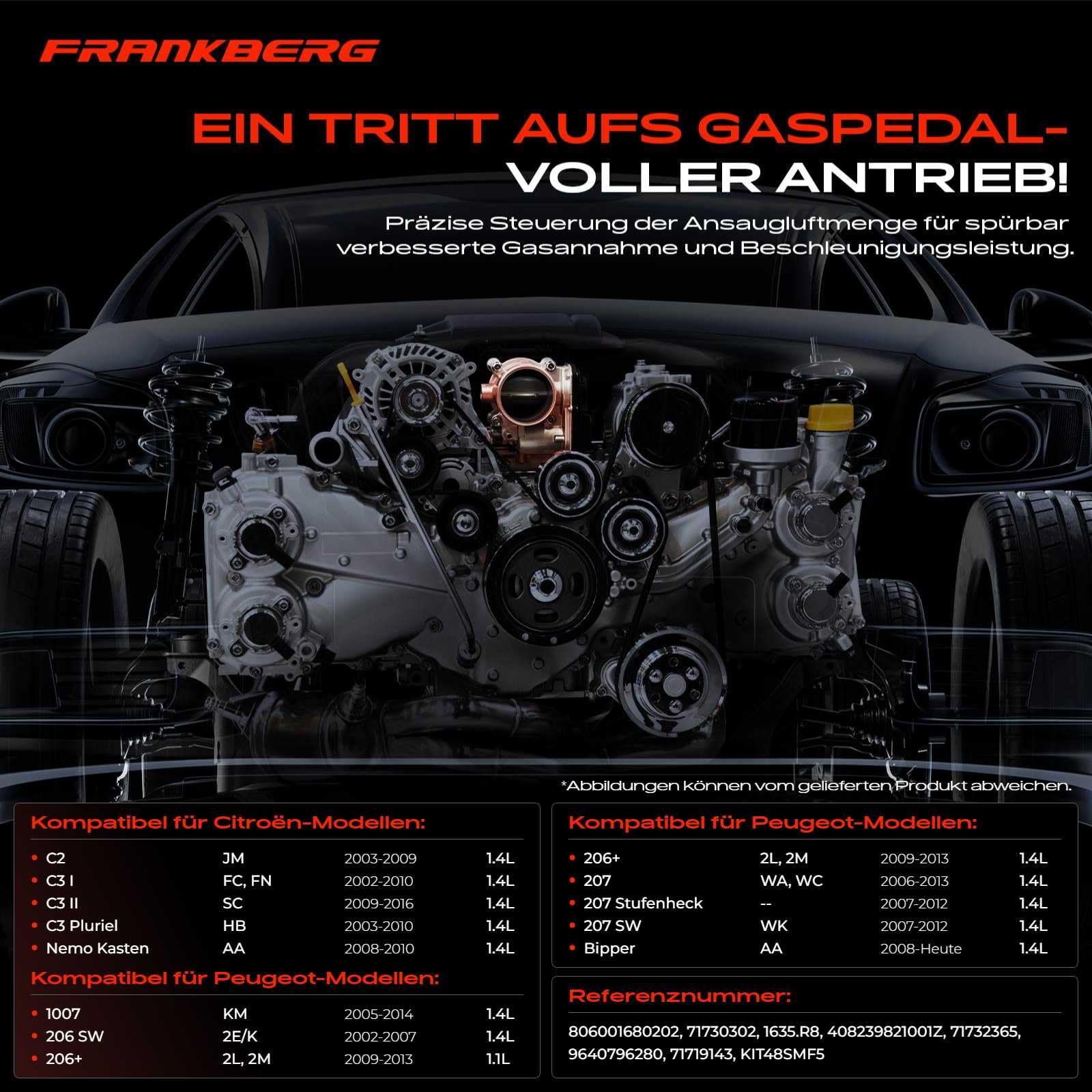 Frankberg 1x Drosselklappe Drosselklappenstutzen Kompatibel mit Berlingo 1996-2011 C2 2003-2009 C3 I 2002-2010 207 2006-2013 Bipper 2008-2022 1007 2005-2014