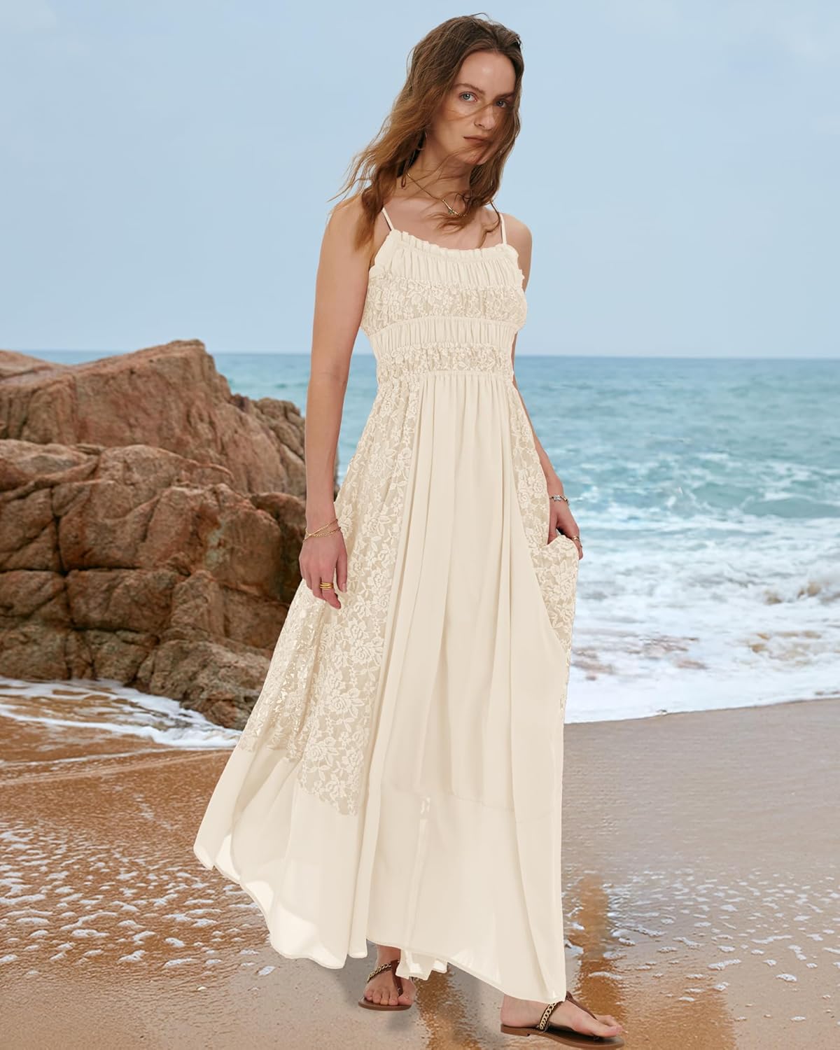 Gacaky Summer Dress for Women Casual Lace Floral Embroidered Bohemian Maxi Dress Flowy A Line Beach Long Dresses - Image 3