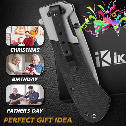 Miniatura 6 de IKORES Cuchillo de bolsillo con mango G10, cuchillo plegable de 3.5 pulgadas con clip de bolsillo y funda de nailon, gran regalo para hombres y