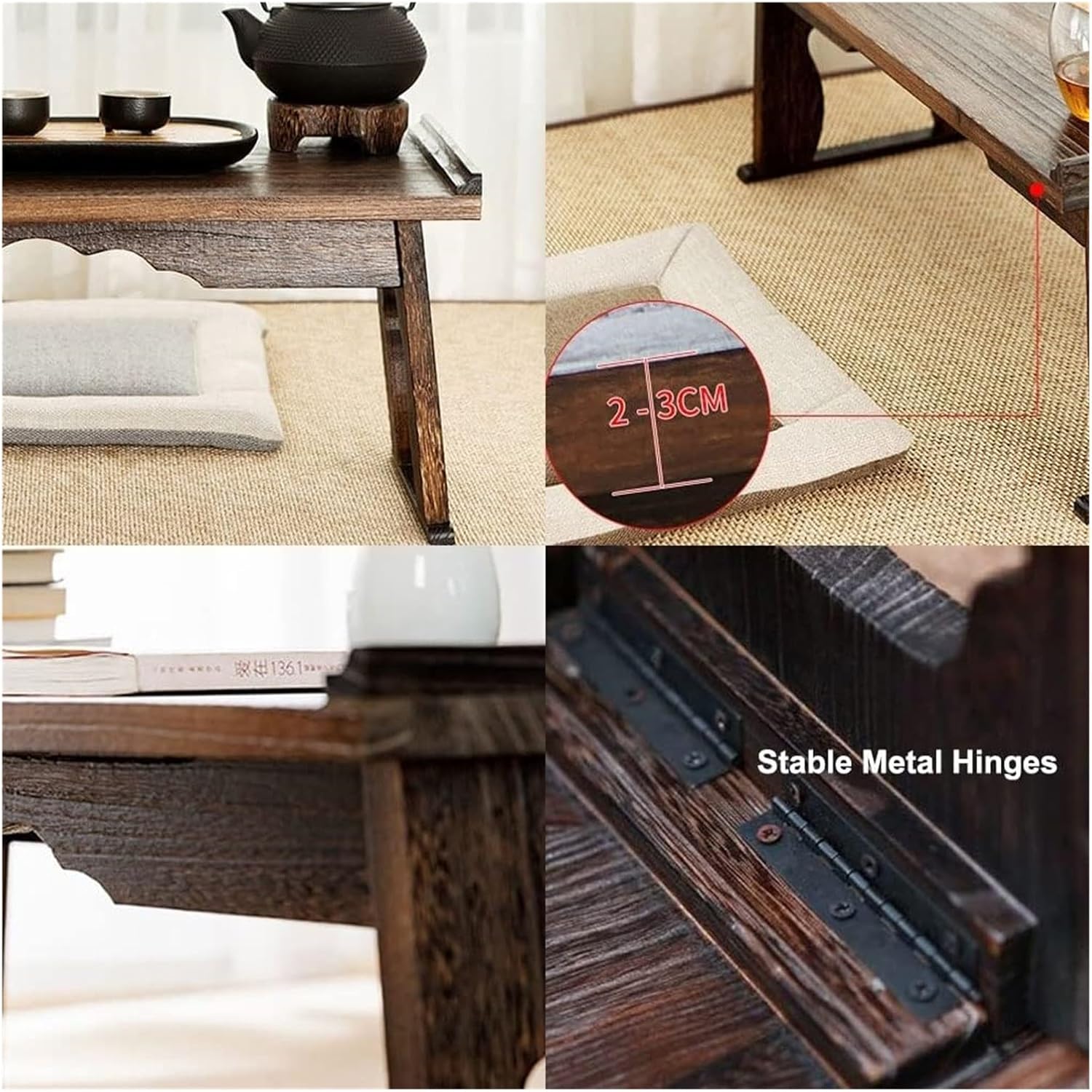 ③折りたたみ式テーブルレトロ 日本のフロアテーブル、折りたたみフロアローテーブル、素朴な禅ティー