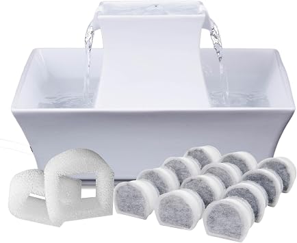 PetSafe Drinkwell Pagoda Fountain, 70 oz Ceramic, 12-Pk Filters Included | 2 Free-Falling Water Streams Encourage Hydration, Pet Water Fountain for Cats & Dogs, Includes 12 Carbon + 2 Foam Filters