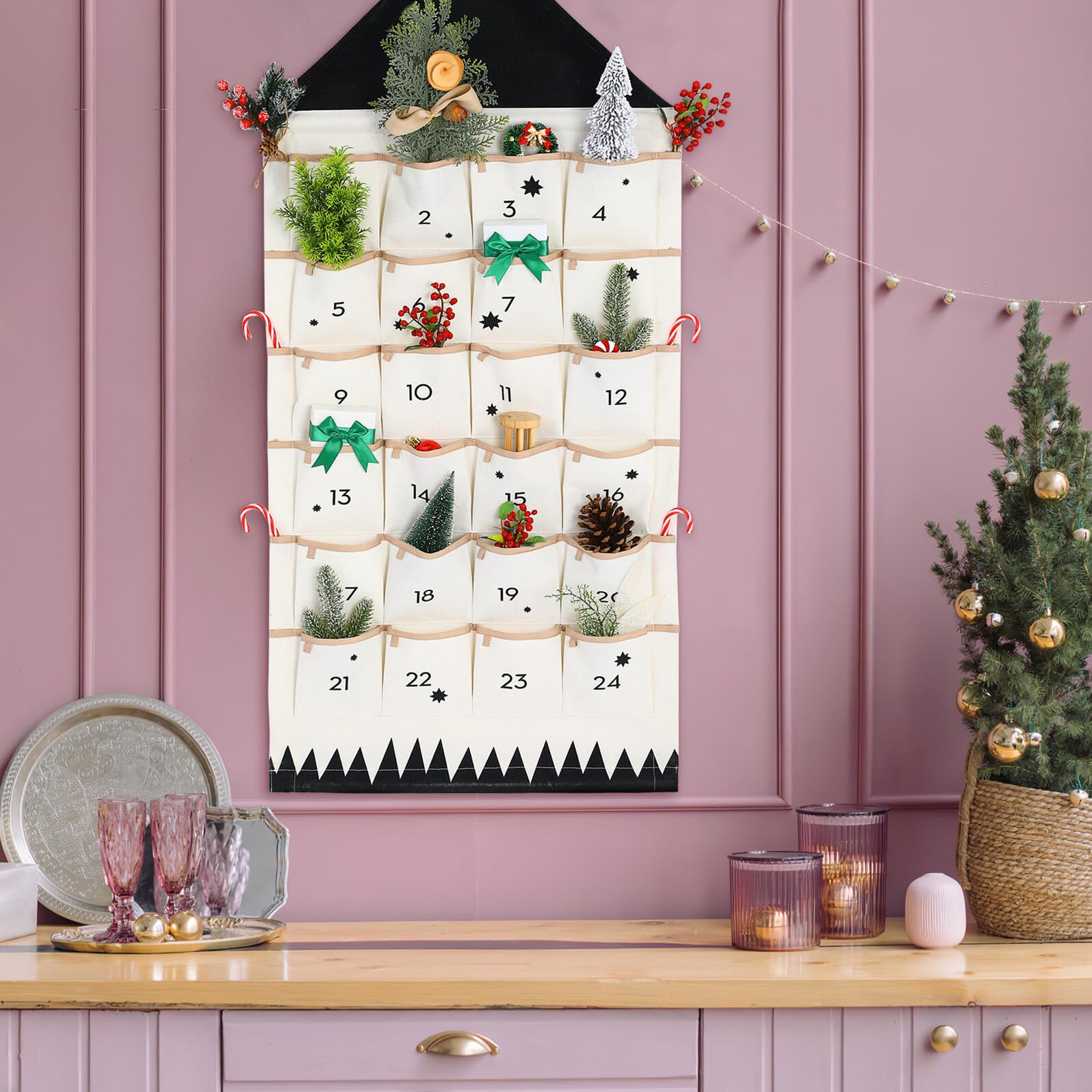 Weihnachts Adventskalender Aufbewahrungstasche aus Stoff 24 Taschen Hängender Wandschmuck Organizer für Kinderzimmer und Weihnachtsdeko