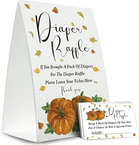 Cartel de sorteo de pañales de otoño para baby shower, kit de juego para baby shower (1 letrero de pie + 50 tarjetas de adivinanzas), baby shower de