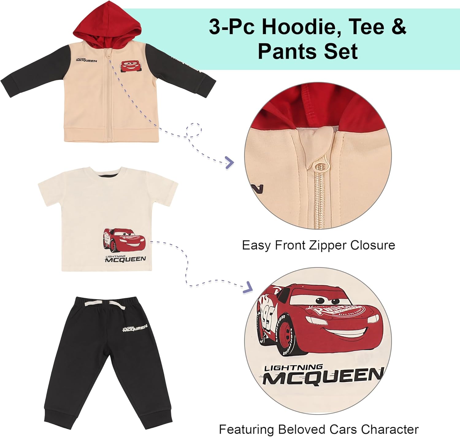 Magic Threadz Disney Clothes Baby Boy 3-Piece Set – Toy Story & Cars T-Shirt, Zip-Up Hoodie & Jogger Pants Set (12M–24M) - Image 5