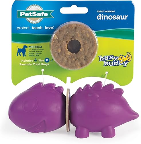PetSafe Busy Buddy Animal Treat Ring Dog Toy - Juguete masticable para perros - Dinosaurio mediano