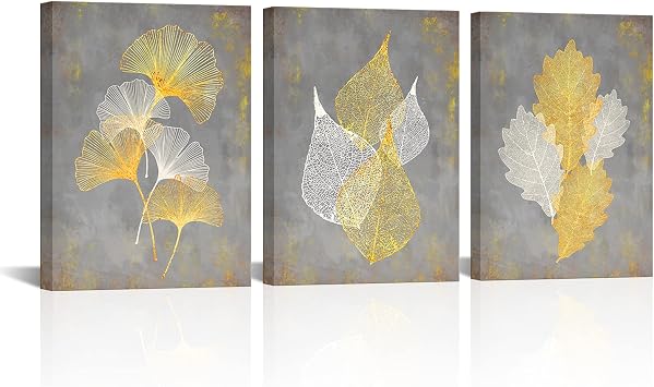 Conipit Grey and Yellow Canvas Wall Art Abstract Leaf Painting Botanical Pictures Minimalist Artwork Prints for Office Bedroom 12X16X3PCS