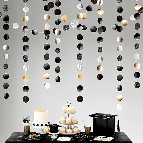 Miniatura 1 de Cheerland Decoraciones de fiesta de oro negro y dorado, guirnaldas plateadas, banderines circulares de punto serpentina para celebración de