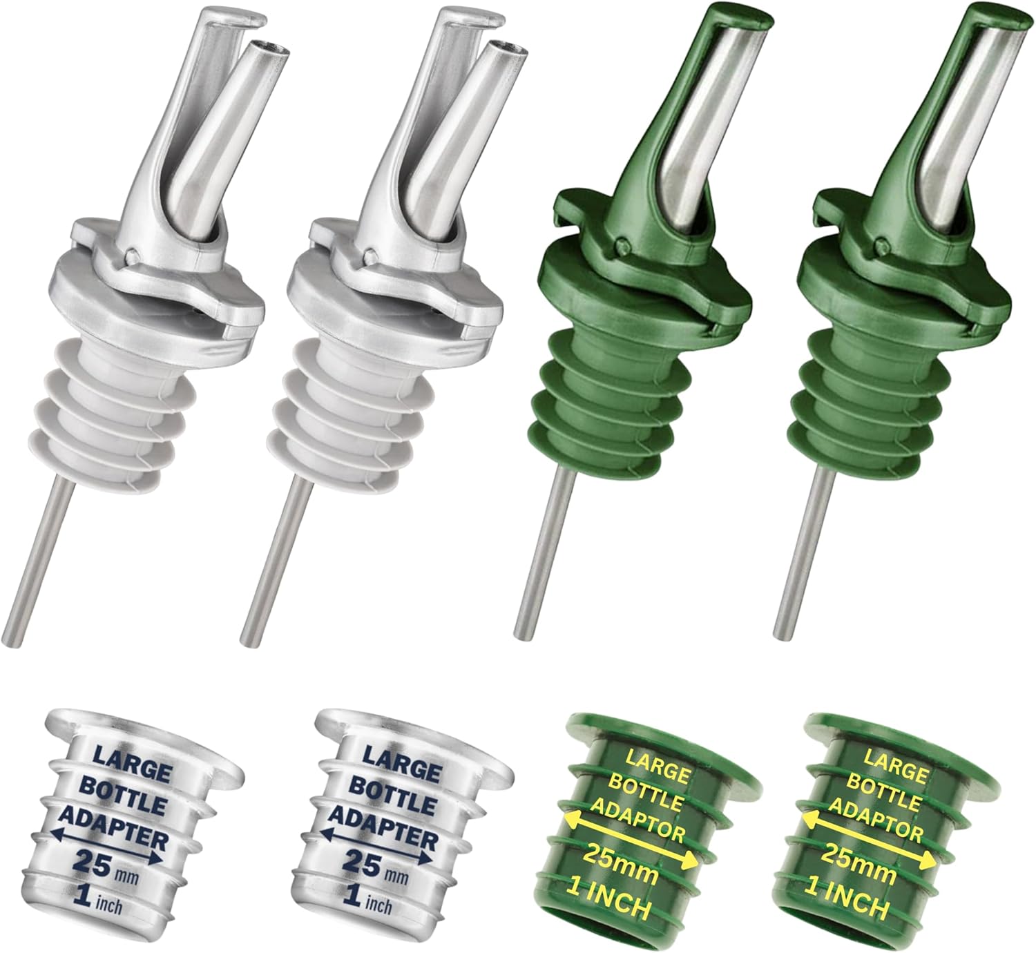 Poura 2 Liquor Pour Spouts (Silver) plus 2 Oil Spouts (Green) with Built-in Caps for Optimal Fly & Dust Protection - Dishwasher Safe, Hygienic Spouts - with Adapters for Large Neck Bottles