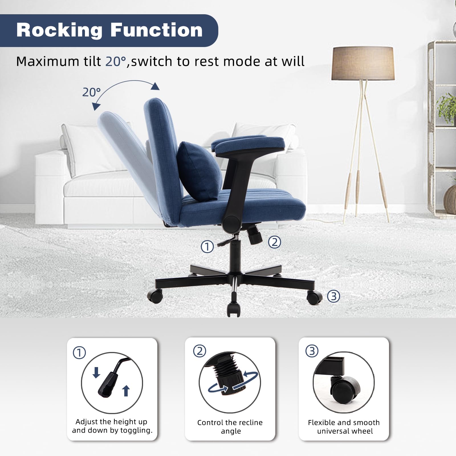 Sedia da ufficio con braccioli pieghevoli, sedia girevole regolabile in altezza, ruote silenziose, tessuto in velluto blu, sedia da scrivania ergonomica per casa e tavolo da trucco