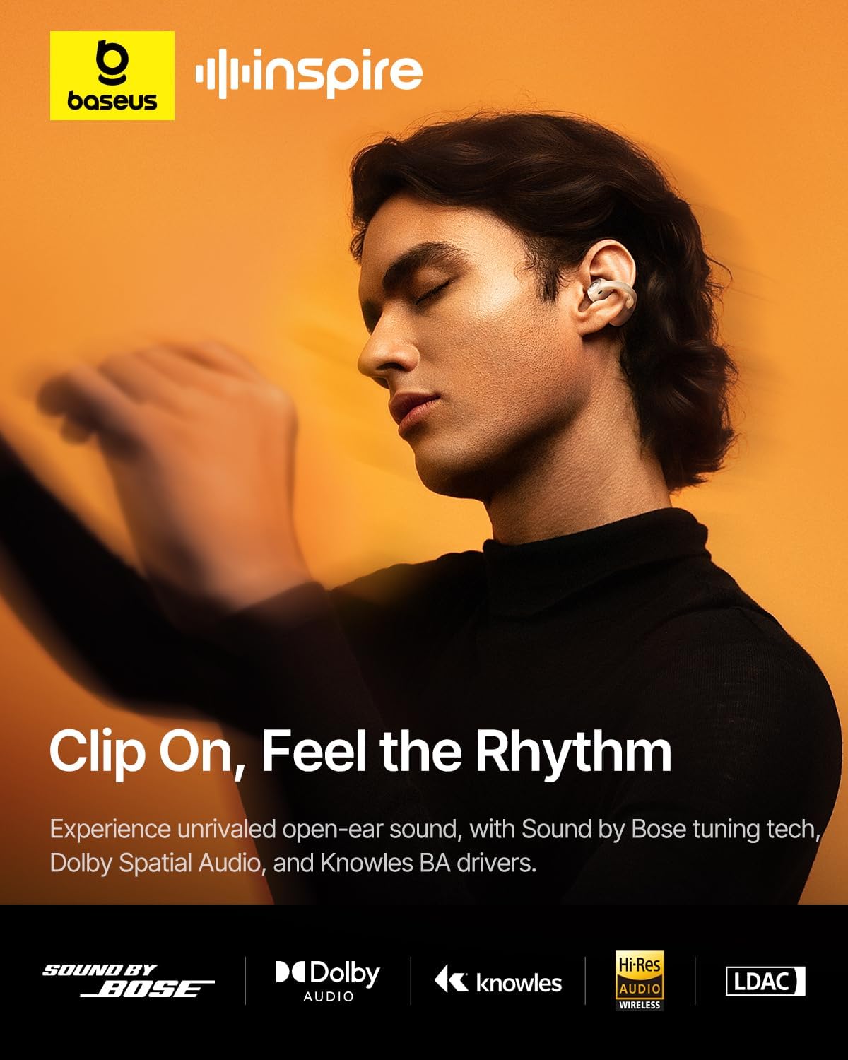 Baseus Inspire XC1 Open Ear Clip-On Earbuds, Sound by Bose, Dolby Audio, Adaptive Tunning Sound, Hybrid 2-Way Driver, Zero-Sense Air Cushion, 4-Mic Adaptive Clear Calls, IP66 Waterproof, 40H Playtime - Image 2