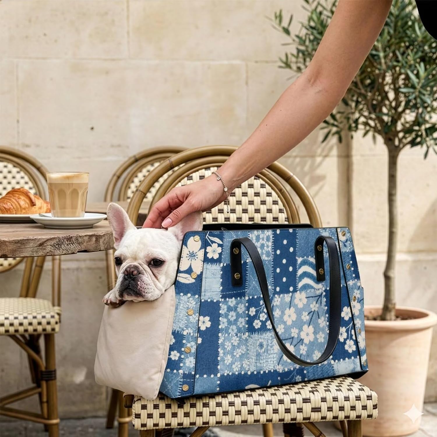 Patchwork Flower Print Dog Purse Carrier for Small Dogs, Waterproof Leather Pet Carrier Purse, Portable Removable Dog Bag Carrier Tote Purse with Cushion
