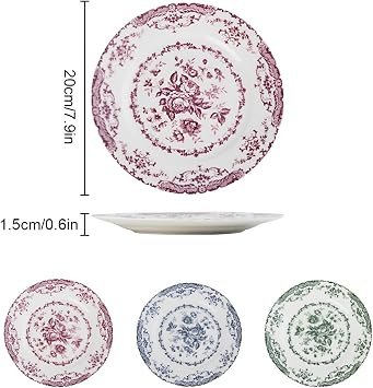 Ceramic Plates,Ceramic Dinner Plates,7.9 Inch Rose Flower Decorative Plates,Salad Dessert Plates,Microwave Oven Dishwasher Safe,Dinner Plates for Salad Pasta Dessert Steak Appetizers