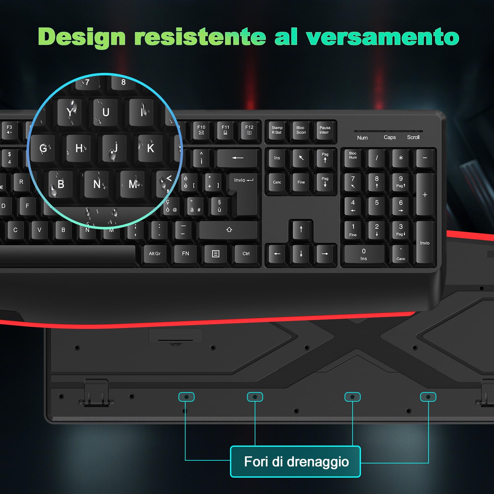 cimetech Tastiera e mouse wireless, tastiera ergonomica 2.4G per computer portatili con poggiapolsi, tastierino numerico, 1600DPI per computer portatili PC (Layout Italiano QWERTY - Nero)