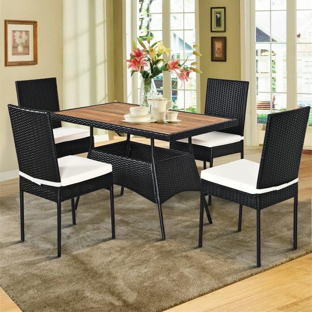 5 Pack Terrace Rattan Dining Table with Wood Top Upholstered Seat Garden Patio Furniture Set (D As Shown)