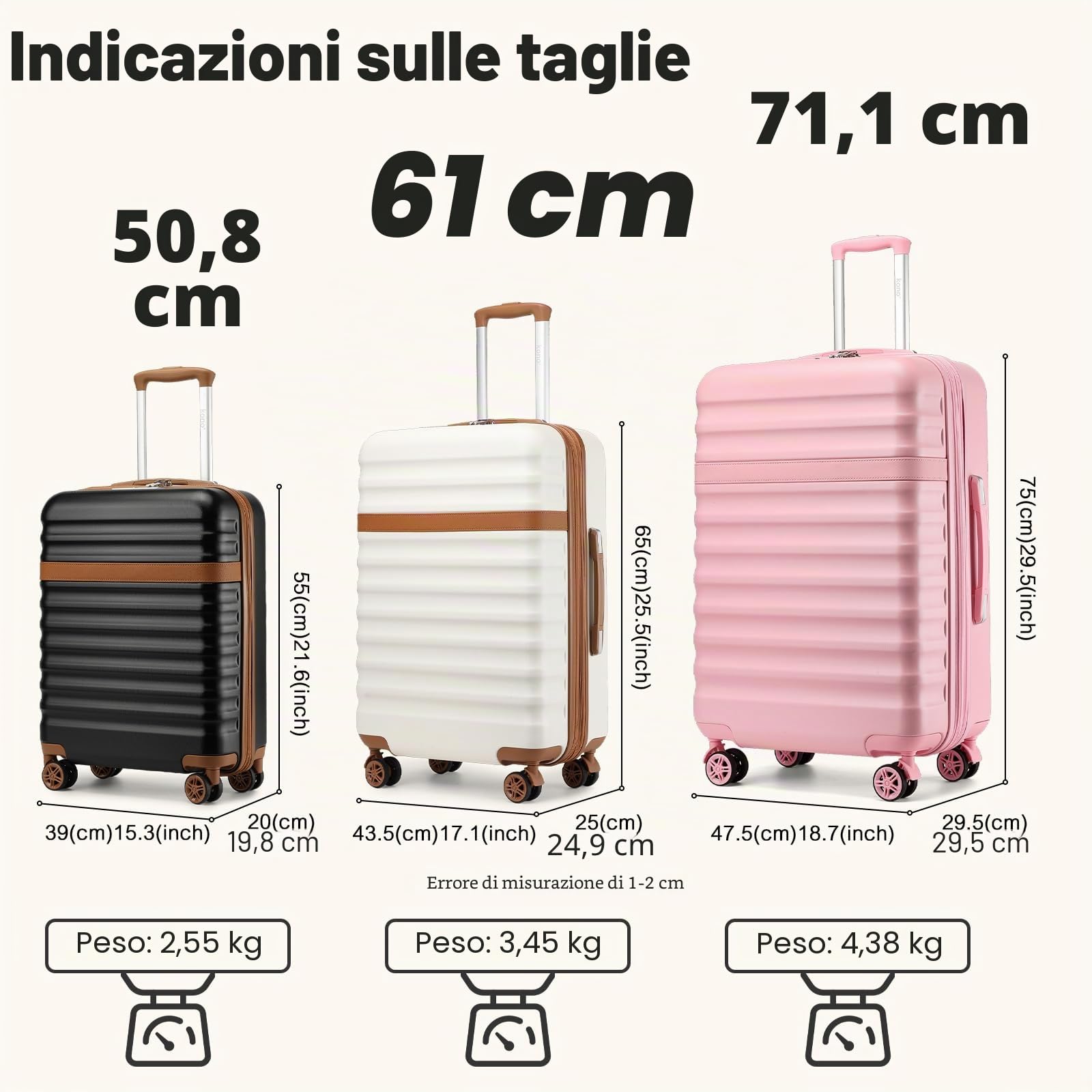 KONO Set di 3 Valigie Bagaglio a Mano, Media e Grande, Grigio/Marrone | Set Rigido ABS+PC, Leggero e Resistente agli Urti, Serratura TSA, Ruote 360°, Interni Organizzati, Media e Grande Espandibili