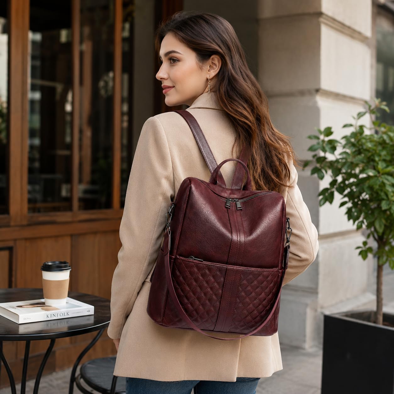 Craftwood Women's Quilted Leather Backpack, Burgundy Wine Color, Convertible Shoulder Bag, Dual Zipper Design, Vegan PU Material (Maroon) 2