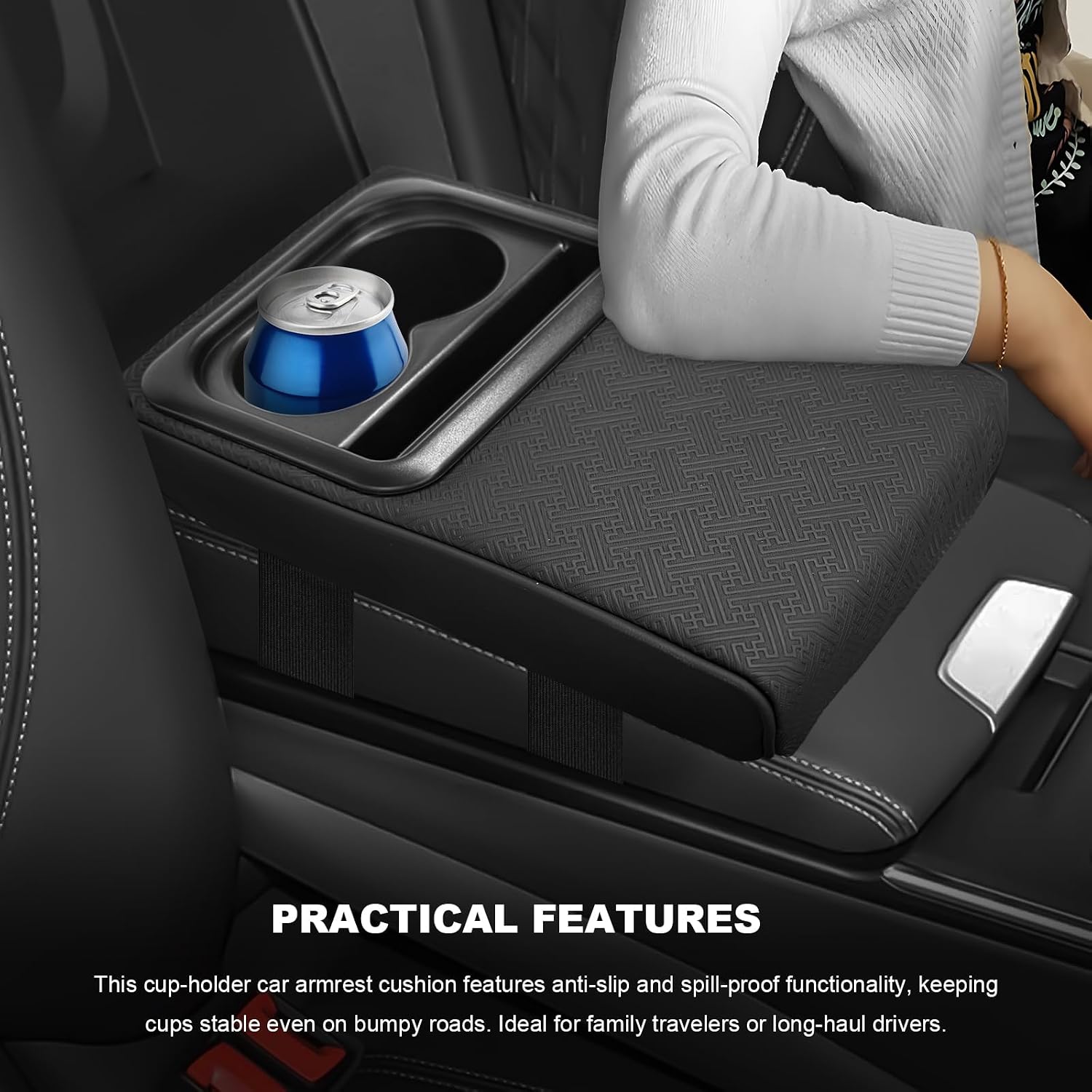 Sun Walker Car Middle Console Cover with Cup Holder, 3.1" Height-Lifts Comfortable Leather Armrest Pad for Long Driving, Scratch-Resistant Center Console Cushion for SUV Truck Sedan (Style A)