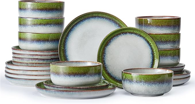 KINGSTONE Stoneware Dinnerware Sets for 8, 24-Piece Reactive Glaze Plates and Bowls Sets, Scratch-Resistant Rustic Ceramic Dish Set for Daily Party Gifts, Microwave Dishwasher Safe, Kiln-Fired Green