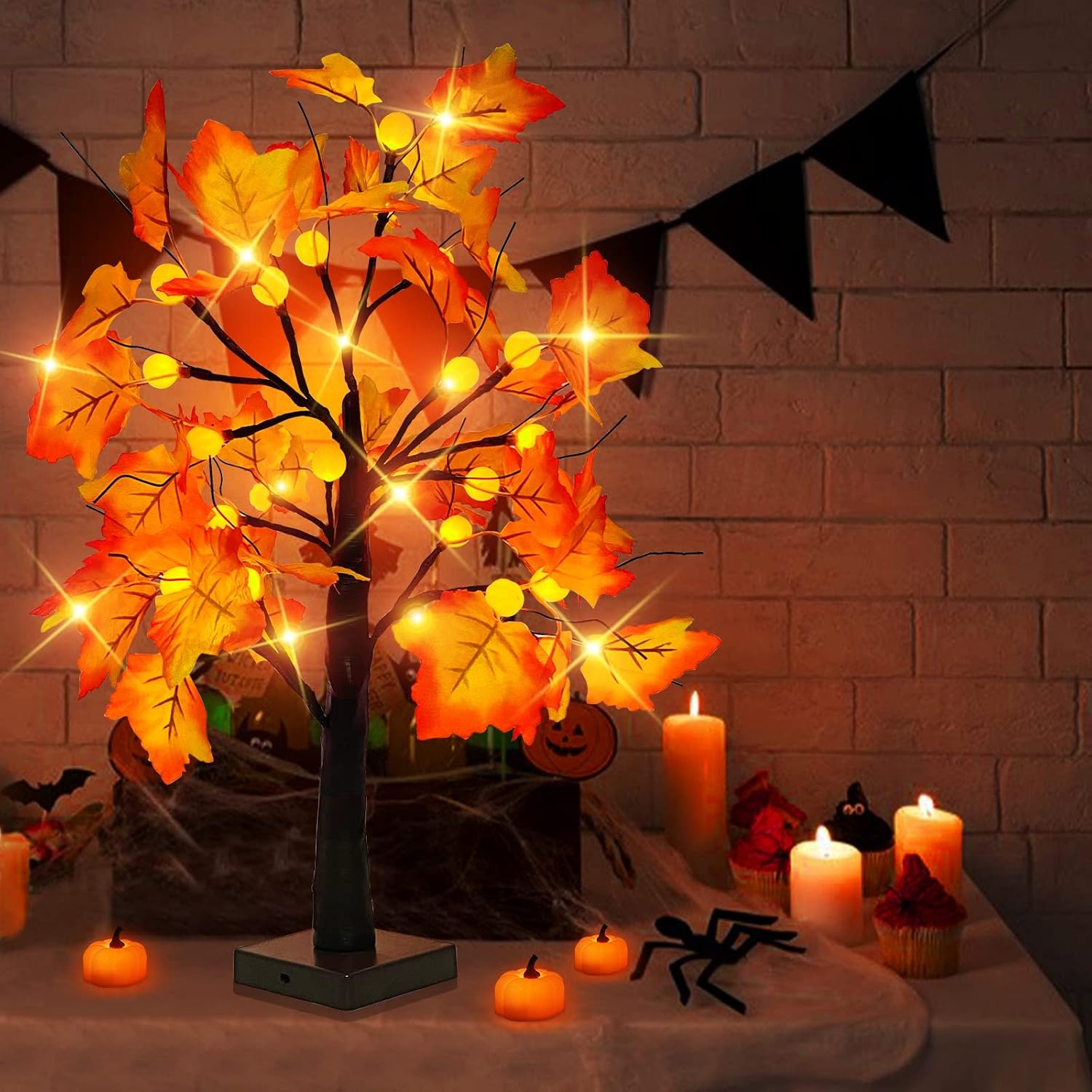 [ Timer ] 24”/2FT Prelit Fall Tree with 24 LED 3D Pumpkin Orange Lights, Fall Halloween Thanksgiving Decor Lighted Maple Tree Battery Powered Thanksgiving Decorations,Pumpkin Decoration Home Indoor