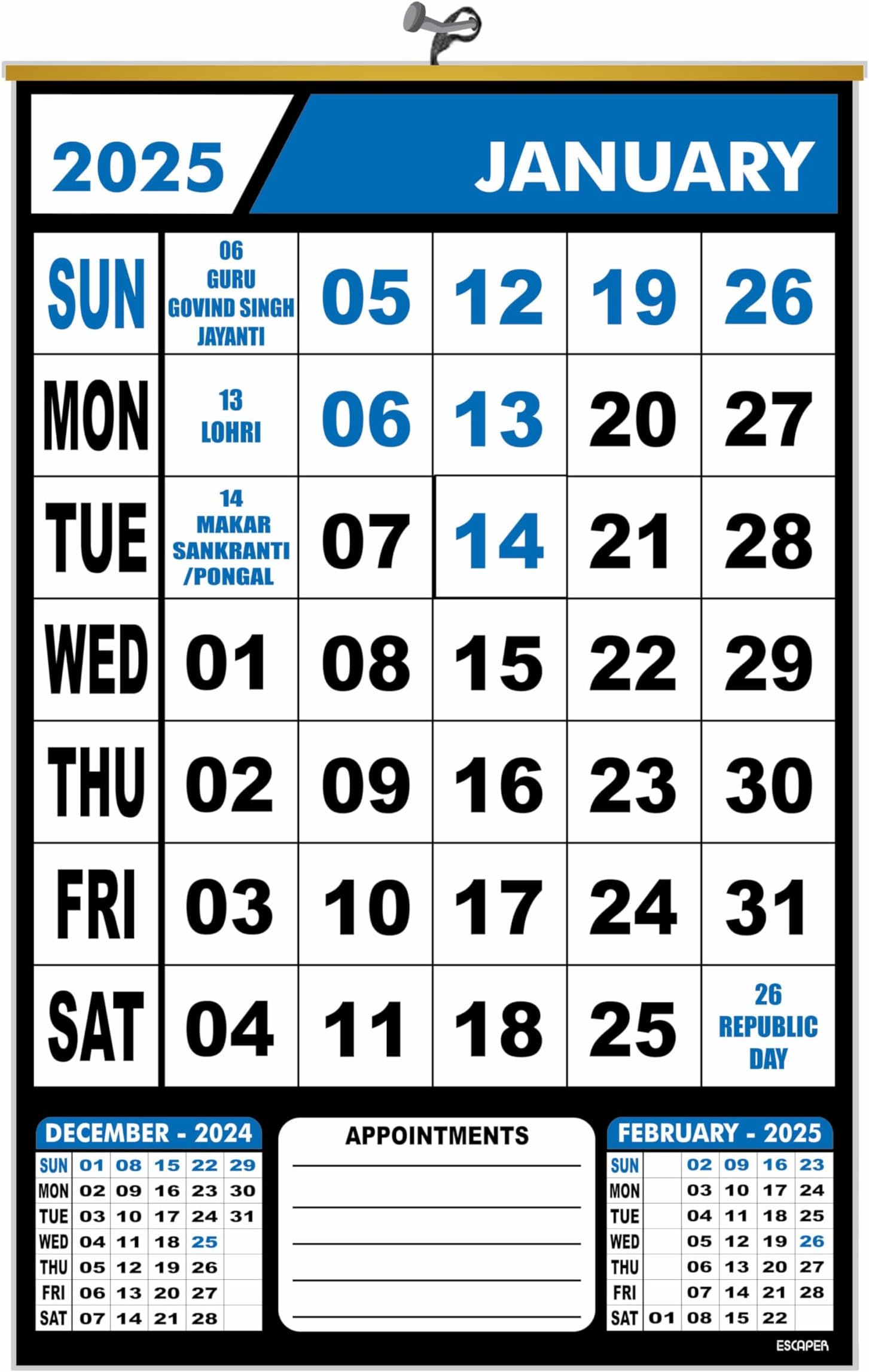 ESCAPER 2025 Wall Calendar Hanging for Home & Office Use, Office Wall Calendar 2025 Hanging, Home Wall Calendar Hanging, Indian Holidays Mentioned, Appointment Planning (Blue, 10 Qty)