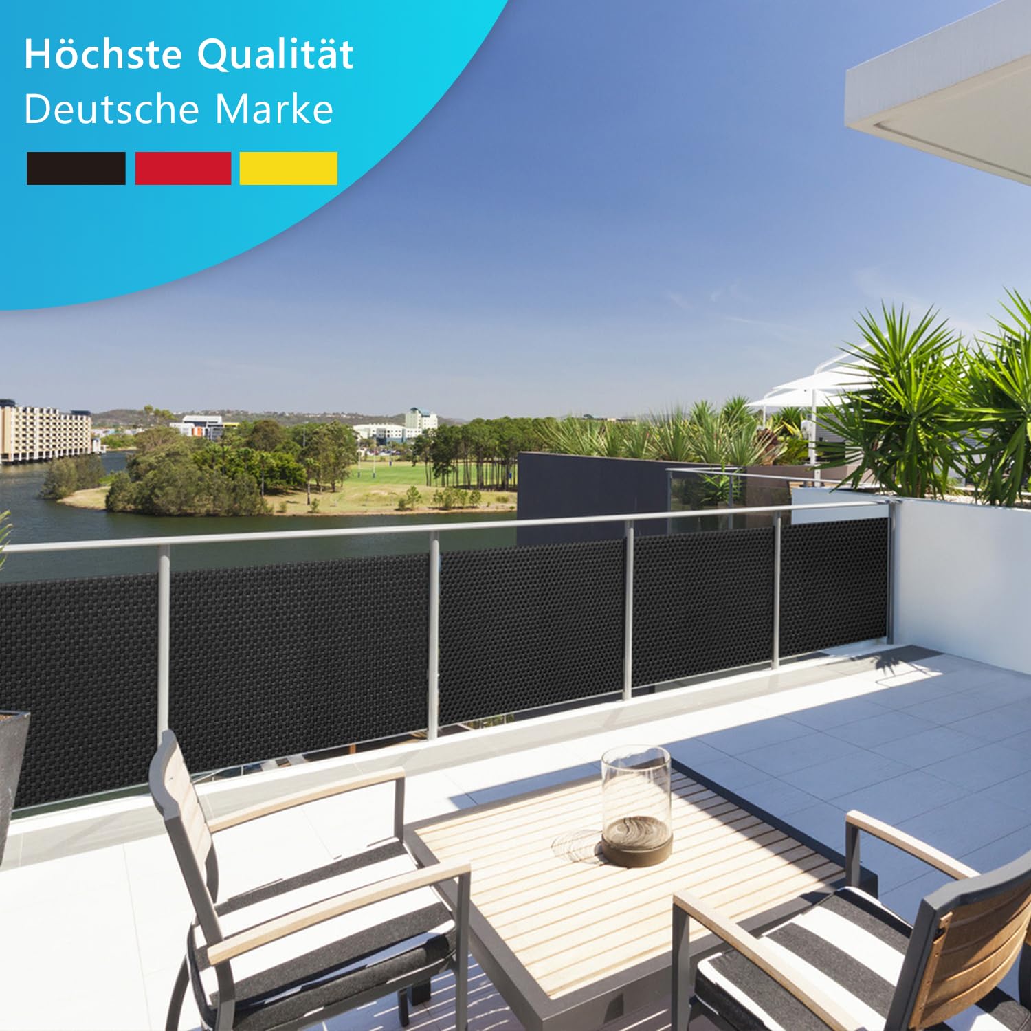 NYVI Polyrattan Balkon Sichtschutz Privafence 90x500 cm Anthrazit - Wetterfeste Balkonbespannung - UV-fest, Witterungsbeständig, 100% Blickdicht - Balkonumspannung Balkonumrandung 0.9x5 m